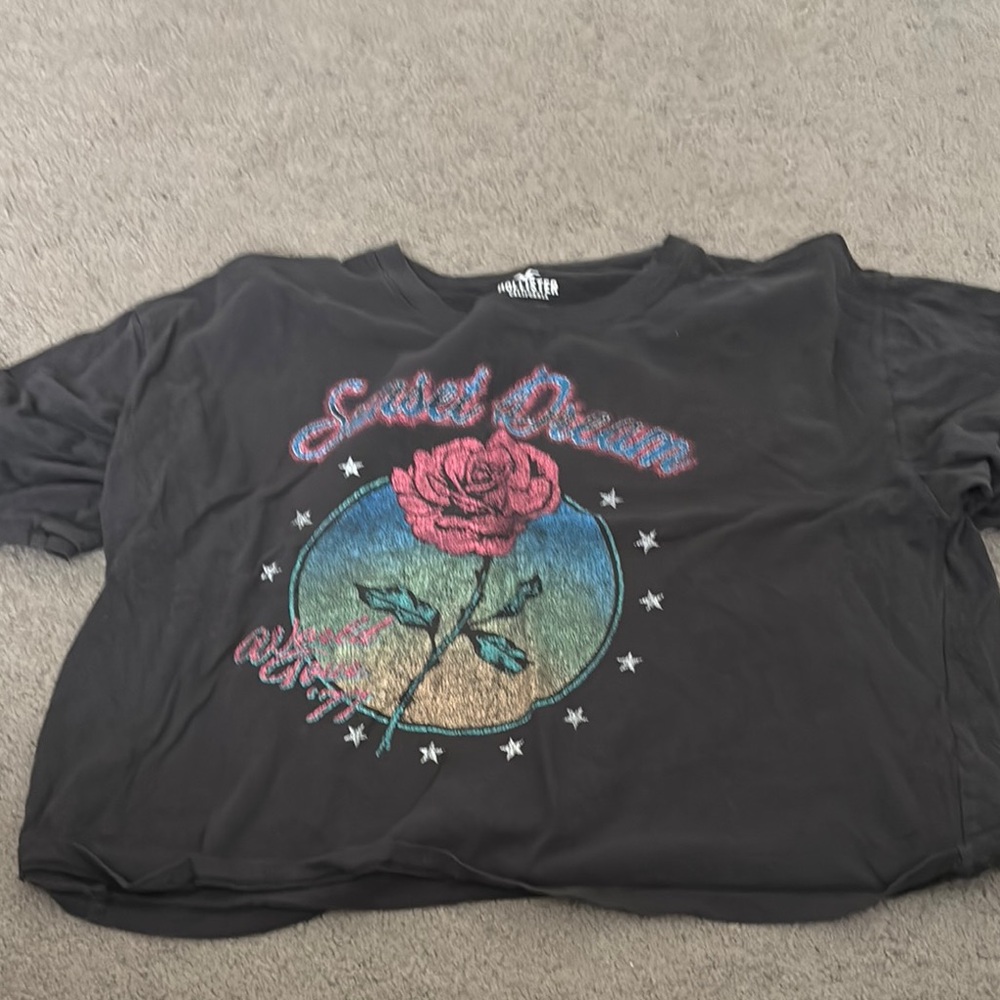 Black Graphic Tee with Rose Design